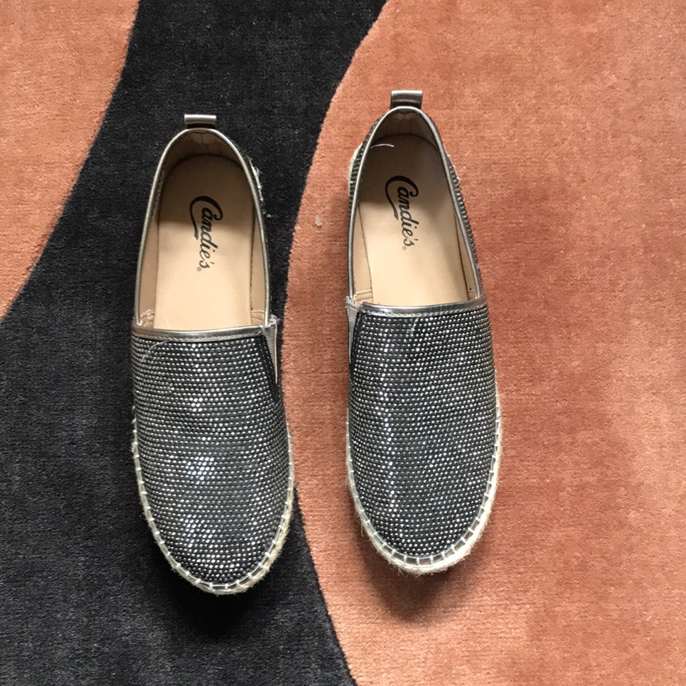 Metallic rhinestone slip on shoes
